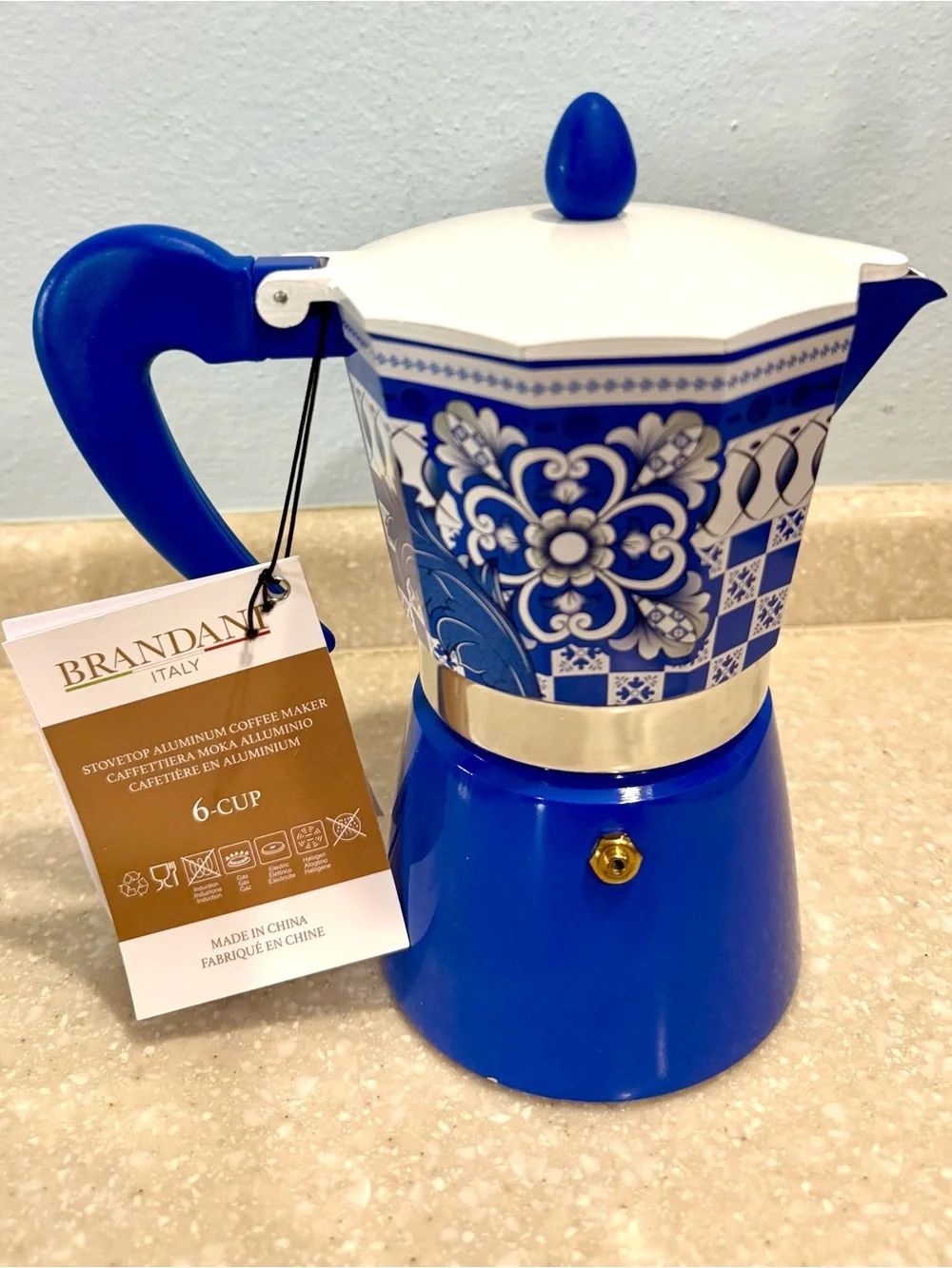 Brandani Blue Floral 6-Cup Italian Aluminum  Coffee Maker